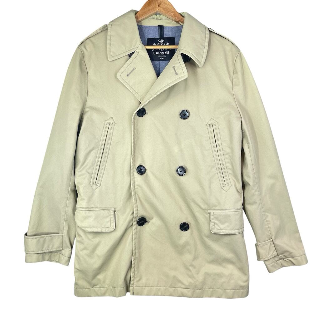 Express Khaki Trench Coat Men's Medium Double Breasted Belted Med Detective FLAW